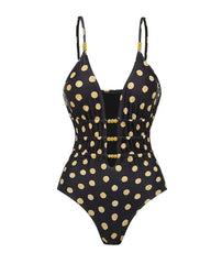 Beach Vacation Polka Dot Colorblock One-piece Swimsuit and Long Skirt