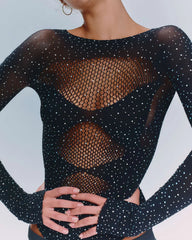Sexy Rhinestone Stretch Fishnet Round Neck Long Sleeve Bodysuit