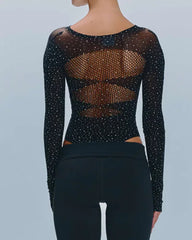 Sexy Rhinestone Stretch Fishnet Round Neck Long Sleeve Bodysuit