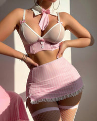 Sexy Striped Bow Mini Skirt Uniform Lingerie Set
