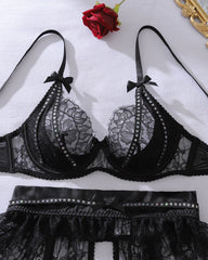 Sexy Lace Hollow See-Through Gathered Lingerie Set