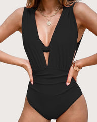 Women's Beach Vacation Underwire Halter Neck Bikini Top and Plunge-Down Ruched Swimsuit Set