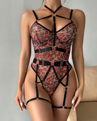 Leopard Print See-Through Mesh Bondage Sexy Underwire Bodysuit