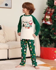 Green Santa Claus Print Crew Neck Home Wear Pajamas Family Set