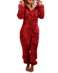 Teddy Bear Ear Zipper Hooded Plush Long-Sleeved Pants Onesie Pajamas